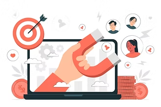 A hand holding a magnet drawing in users, a target, and coins